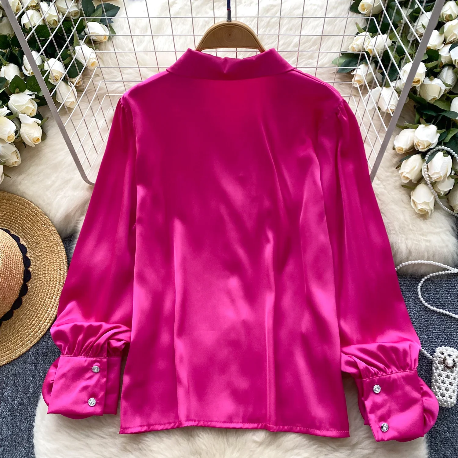 2024 Women Three-dimensional Flower Korean Version Blouse Turn Down Collar Long Sleeved Loose Shirts Winter Tops Clothing