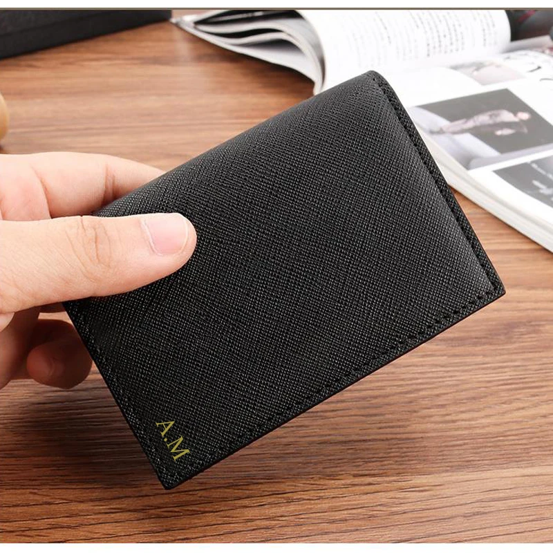 Custom Letters Business Men Credit Card Holder Saffiano Genuine Leather Small Card Case Vertical Multi Slots Short Card Cover