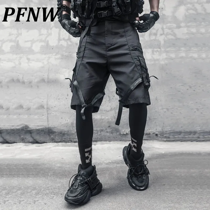 

PFNW New Men's Shorts Summer Ribbons Loose Straight Wide Leg Male Technical Bottom Solid Color Functional Style 2024 12C322