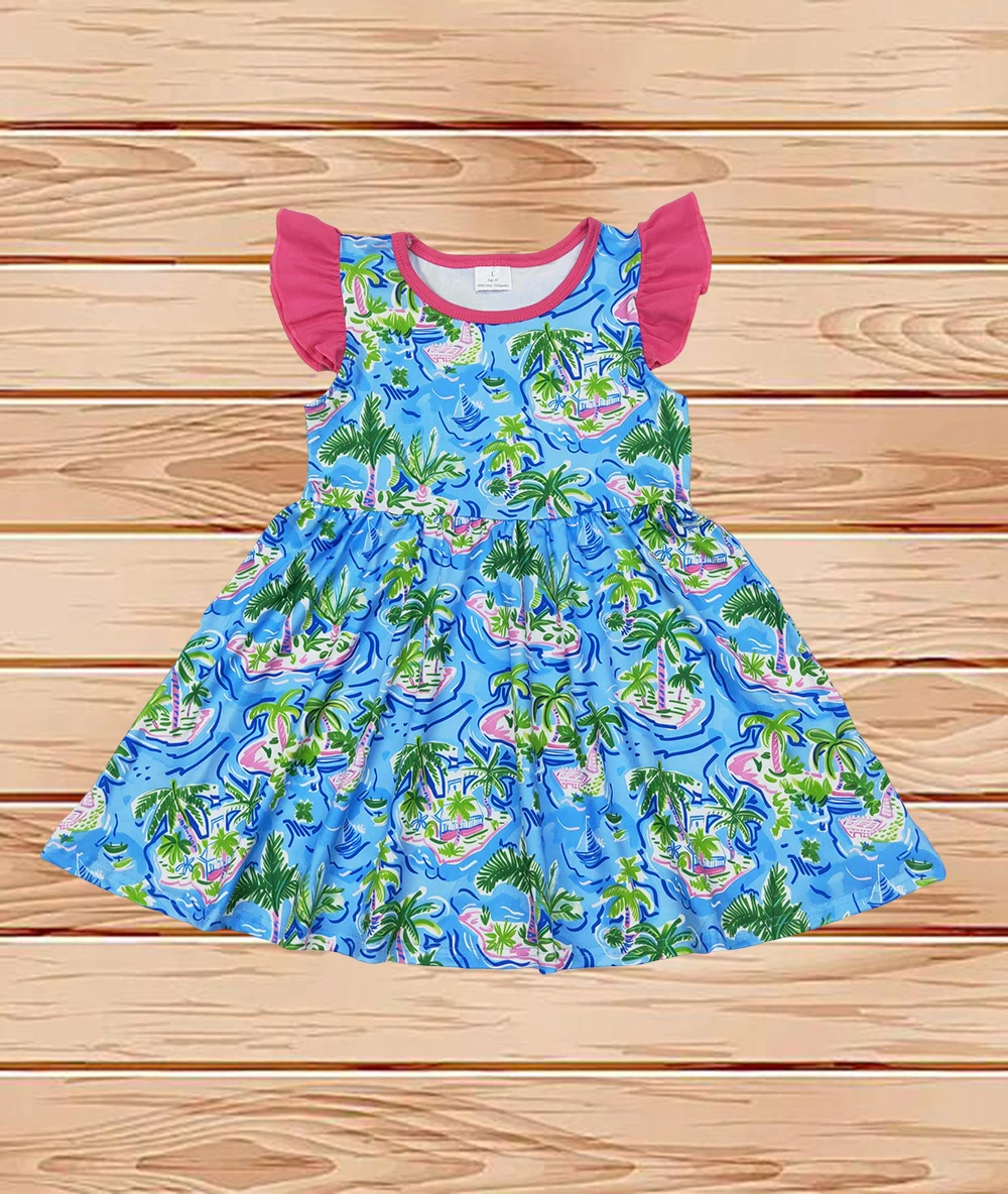 

3.24 Wholesale Hot Sale western boutique kids children Baby Girls Tree Flutter Sleeve Pearl Knee Length Dresses