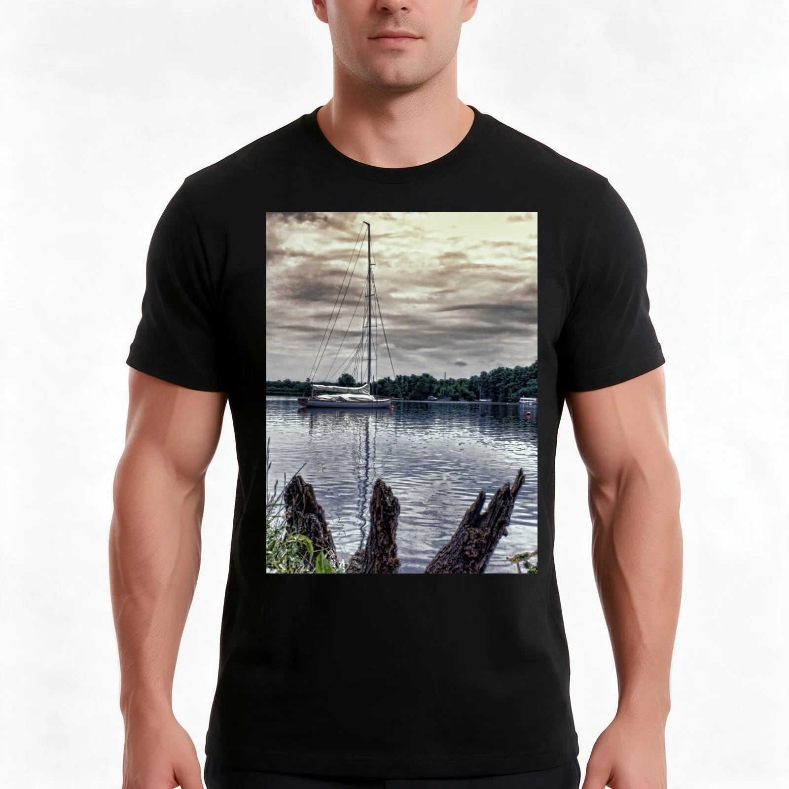 Yacht on Wroxham Broad. T-Shirt, Summer Casual Cotton Tee, Oversized Streetwear Tops, Vintage Graphic Print, Unisex Men Women