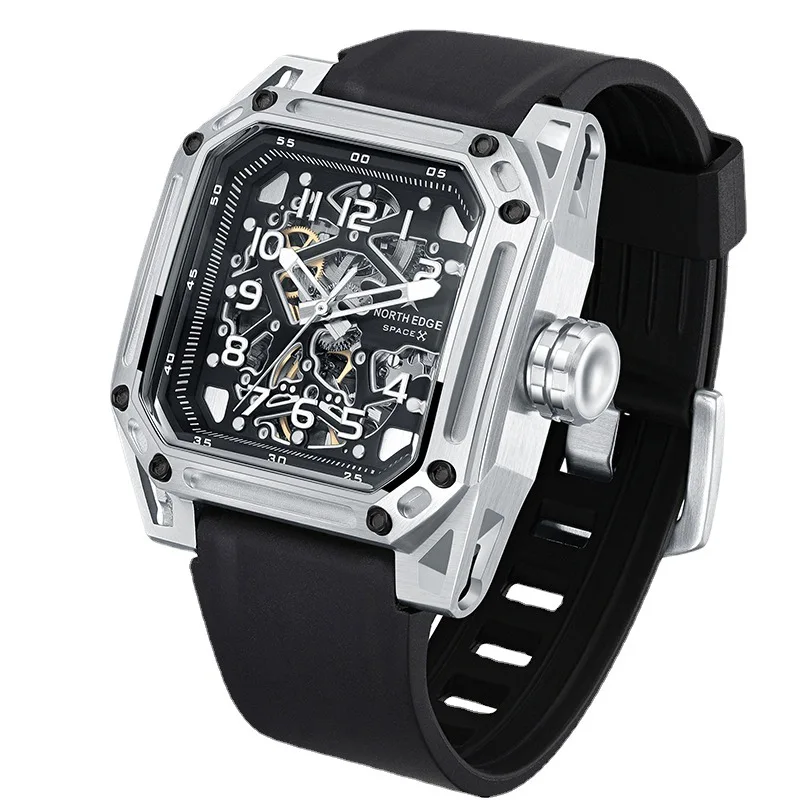 2025 Ruby Hollow Watch Fully Automatic Mechanical Seagull Movement Waterproof 100m Men's Watch Stainless Steel Square