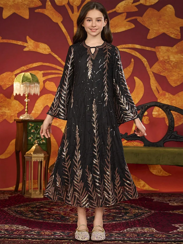 Muçulmano crianças meninas lantejoulas vestido robe ramadan eid djellaba islâmico crianças roupas árabe abaya turquia marrocos festa vestido solto