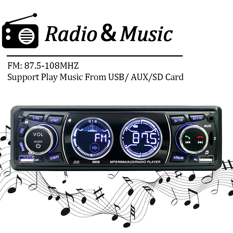 SINOVCLE Car Radio 1din Audio Bluetooth Stereo MP3 Player FM Receiver 60Wx4 Support Phone Charging AUX/USB/TF Card In Dash Kit