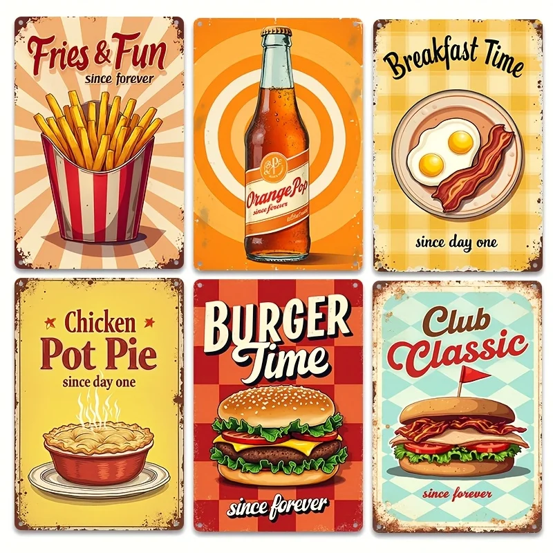 2D Flat, [JIT]Decorative Sign& Plaque 2D Flat, 6pcs 8.0x12.0inch Vintage Wall Decor, Retro Burger& Food-Themed Metal Signs with