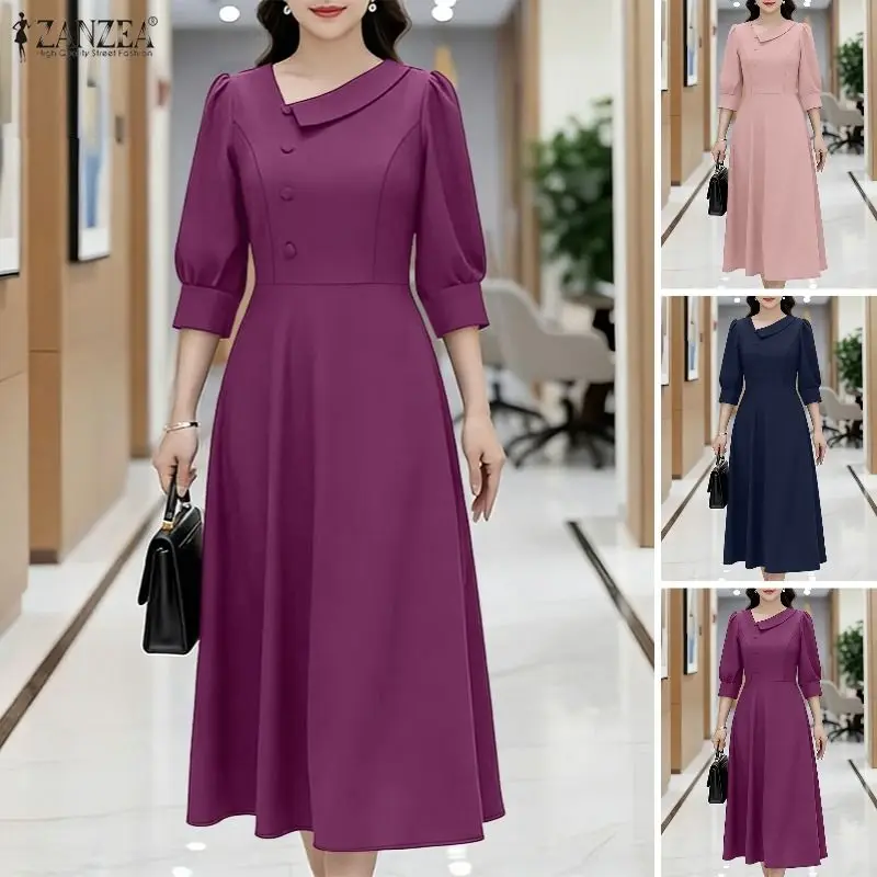 ZANZEA Büro-Damenkleider 2026 Sommer Kurzarm-Kleid Stilvolles Tailliertes Party-Sommerkleid Einfarbiges A-Linien OL Arbeits-Midikleid