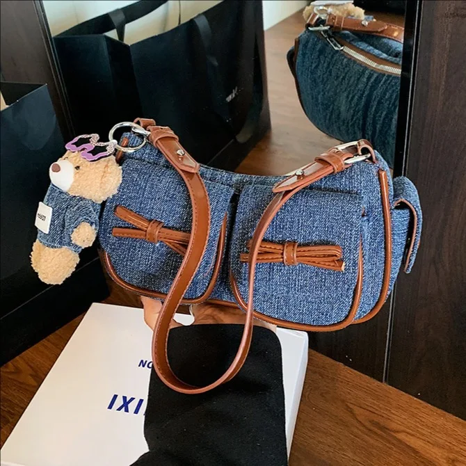 

2025 Новая модная женская сумка через плечо с несколькими карманами, стильная сумка на плечо, дизайнерские роскошные сумки, синяя джинсовая сумка