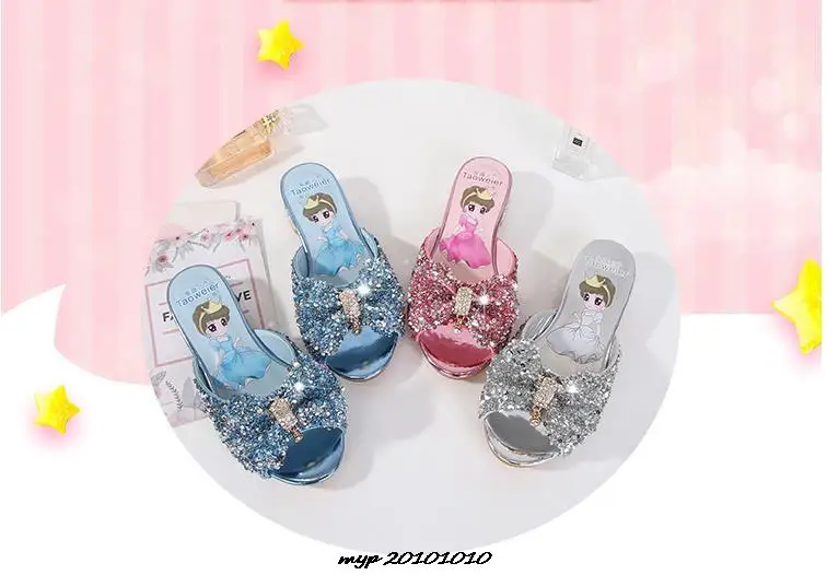 Disney Girls Sandals Cosplay Slipper Sequined Princesse Children High Heel Party Dress Shoes Leather Slipper For Kids Slides