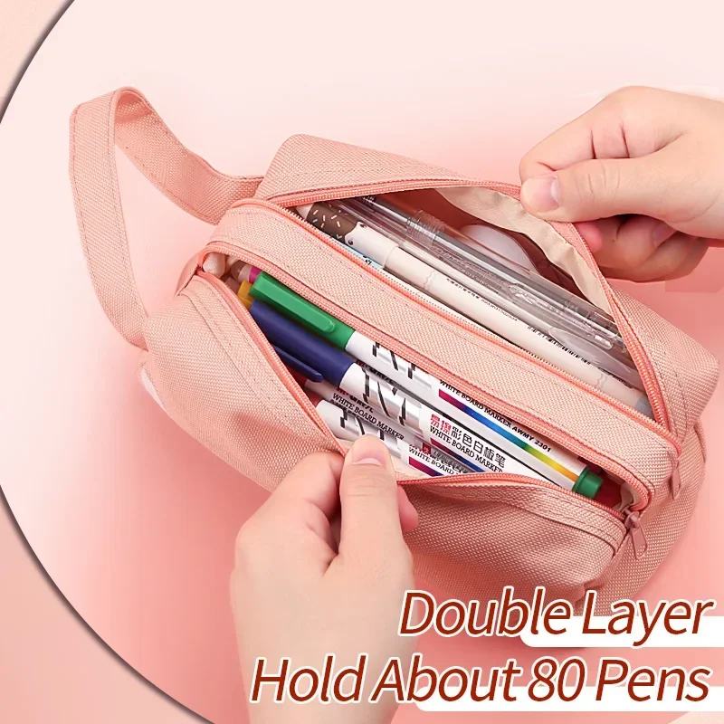 Large Capacity Pencil Cases Double Layer Simple Canvas Bags for Girls Back to School School Office Supplies Stationery image 3