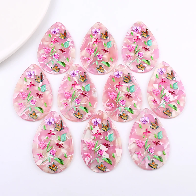 6pcs 34x53mm Flowers Butterfly Print Big Charms Pendant for Earring Key Chains Acrylic Waterdrop DIY Jewelry Making Findings