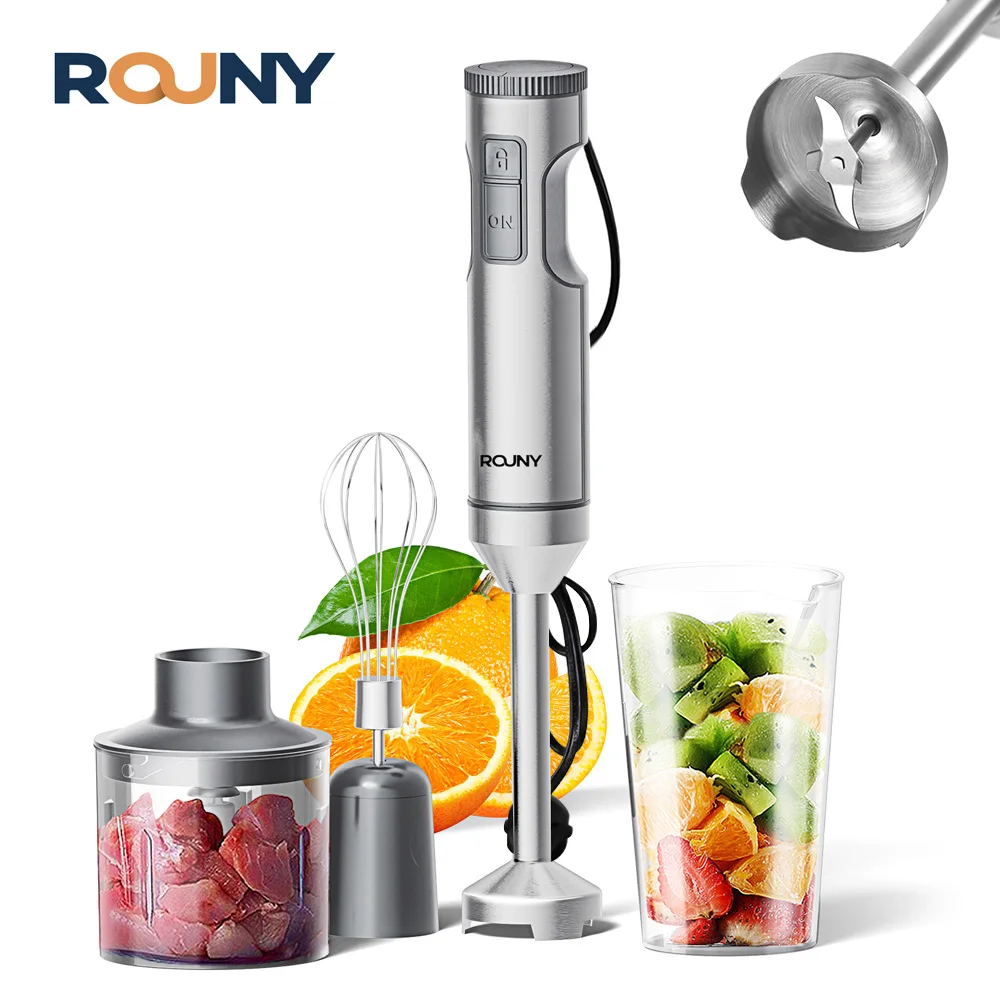 Liquidificador de imersão manual ROUNY 1200W, poderoso misturador de alimentos em bastão de aço inoxidável 4 em 1 com copo de mistura de 700ml e processador de 500ml
