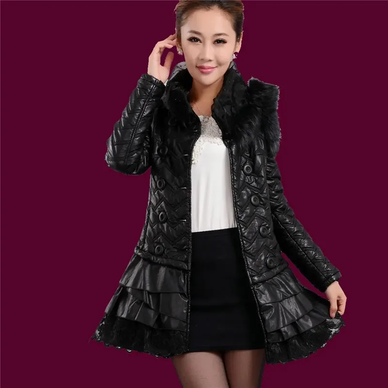 Pi Cotton-Padded Jacket Paikes Women Fox Fur Collar PU Leather Coat Fashion Autumn Winter Jacket Mid-Length Leather Cotton Coat