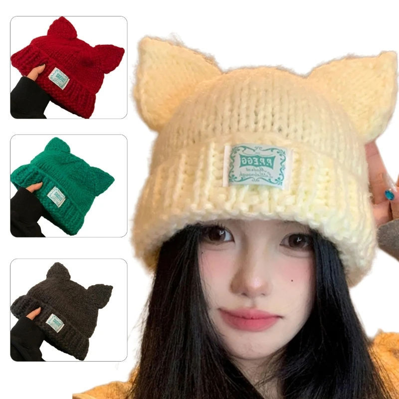 95AB Gorro invierno ganchillo para mujer, gorro tejido con orejas gato, gorro nieve para niña, esquí y ciclismo