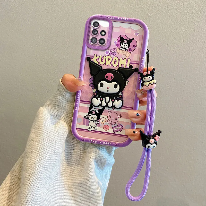 For Samsung Galaxy A12 A22 A21s A51 M12 M22 M32 M02s 3D Cartoon Kuromi Pochacco Toy Phone Case Multistep Hand Strap Cover