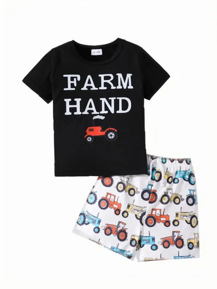 

Комплект из 2 предметов для мальчиков, летняя дышащая детская одежда с коротким рукавом и мультяшным автомобилем + повседневные шорты, новинка 2024