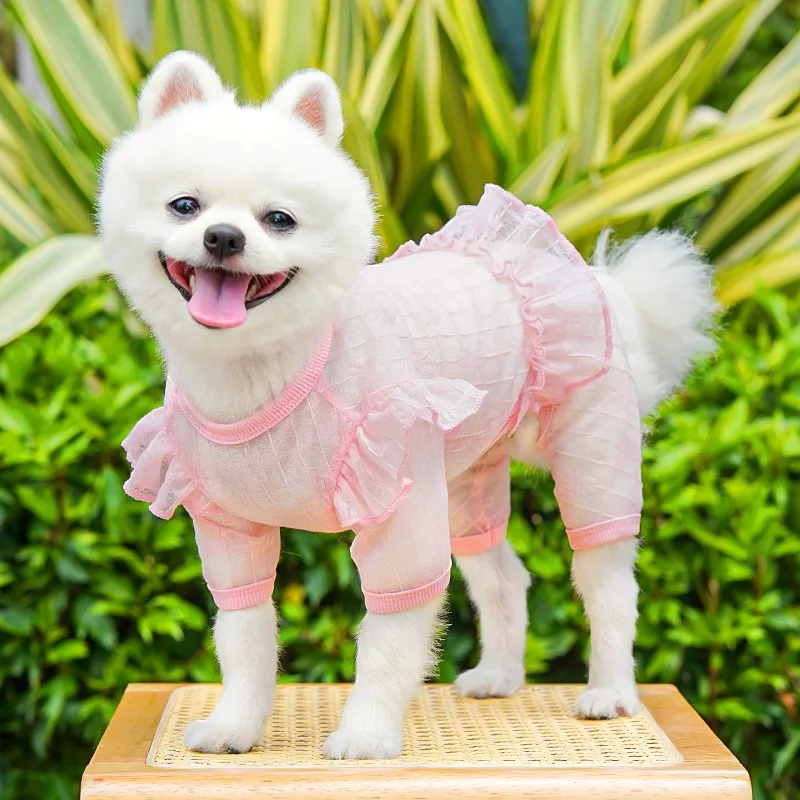 

Pet Bichon Frise Plaid Four Legged Coat Teddy Lace Mesh Pants Puppy Breathable Mesh Bodysuit Clothes