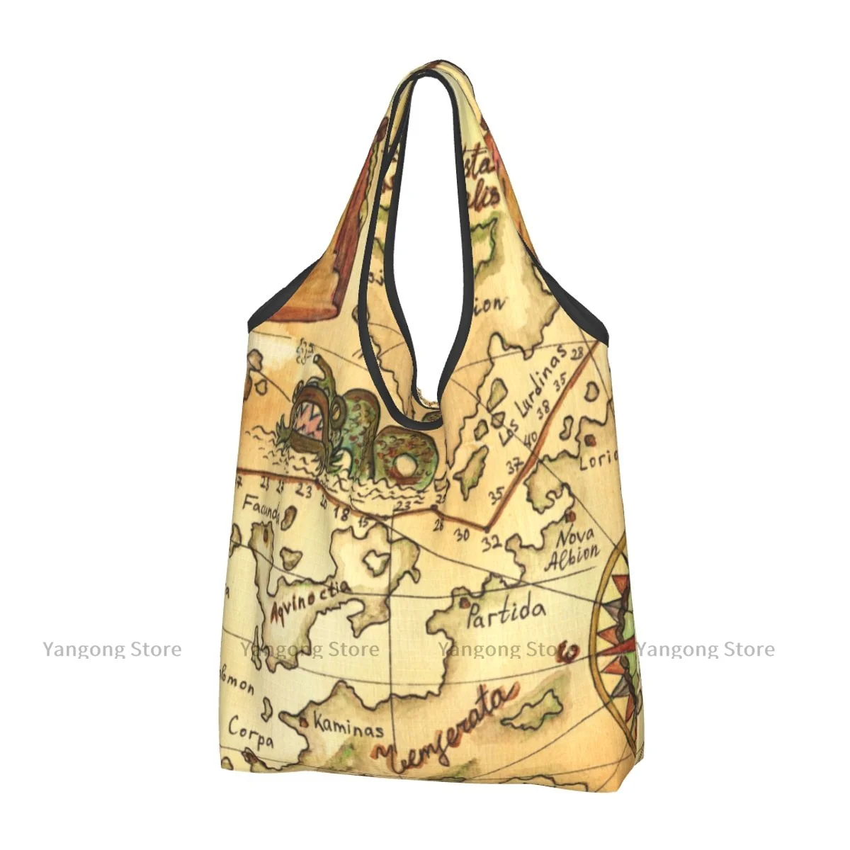 Shopping Bag Old Pirate Map With Wind Rose Eco-friendly Folding Reusable Portable Shoulder Handbag for Travel Grocery Bag