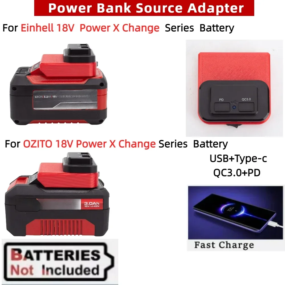 

Power Bank Source Adapter for Einhell/OZITO 18V Power X Change Li-Ion Battery W/USB Type-C PD+QC3.0 Fast Charger（No Battery）