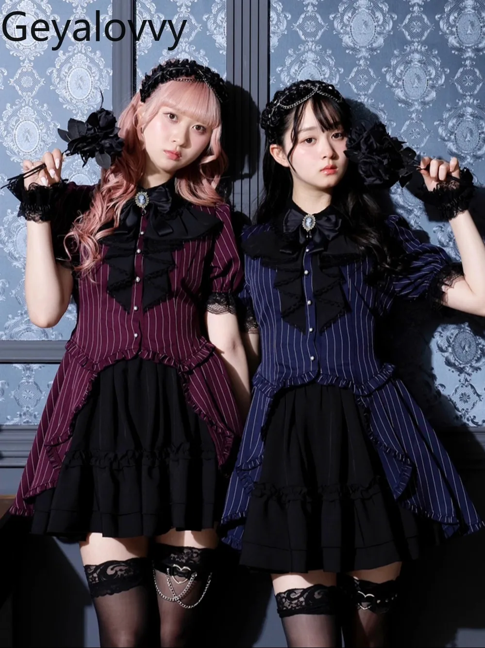 Japanese Gothic Retro Bow Lace Trim Ruffle Short Sleeve Dress Palace Style Striped Dresses and Base Short Skirt Two-Piece Set