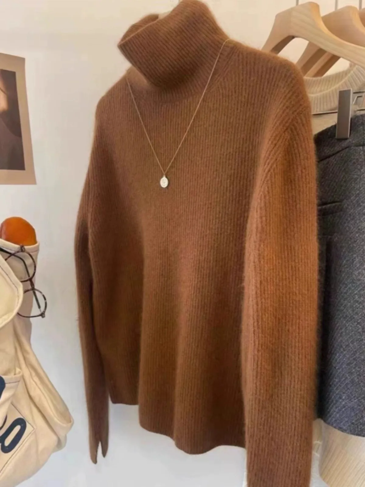 2023 autumn and winter turtleneck 100% pure cashmere sweater women lazy loose thick jumper knitted wool base shirt