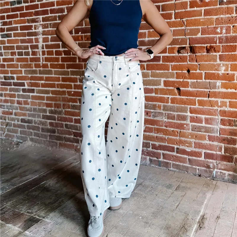 Women's Y2K Polka Dot Wide Leg Jeans High Waist Baggy Denim Pants Vintage Retro Streetwear Outfit
