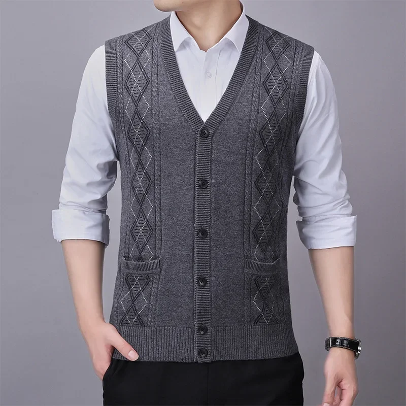 Men's Sweater Vests 2024 New Fashion Elderly Wool Vest Mens Cardigan Jacquard Sweater Thick Sweater Vest Mens Clothing