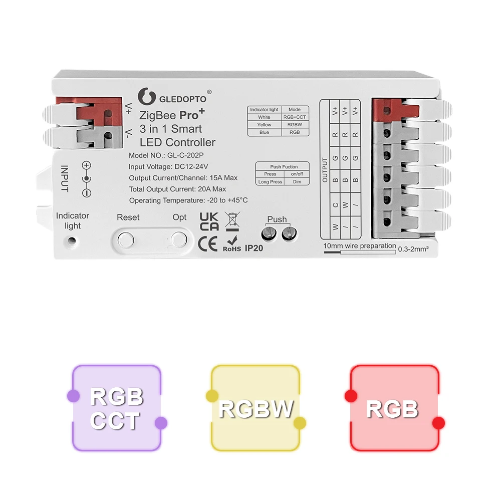 GLEDOPTO ZigBee 3.0 Pro+ 2 in 1 / 5 in 1 LED Strip Controller 20A Max RGBCCT/RGBW/RGB/CCT/Dimmer Alexa Homey APP Spraakbesturing