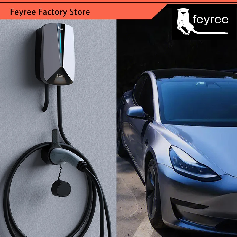 feyree EV Charger Type2 32A 7.6KW 1Phase EVSE Wallbox RFID Cards Version 5m Cable Charging Station for Electric Vehicle Car