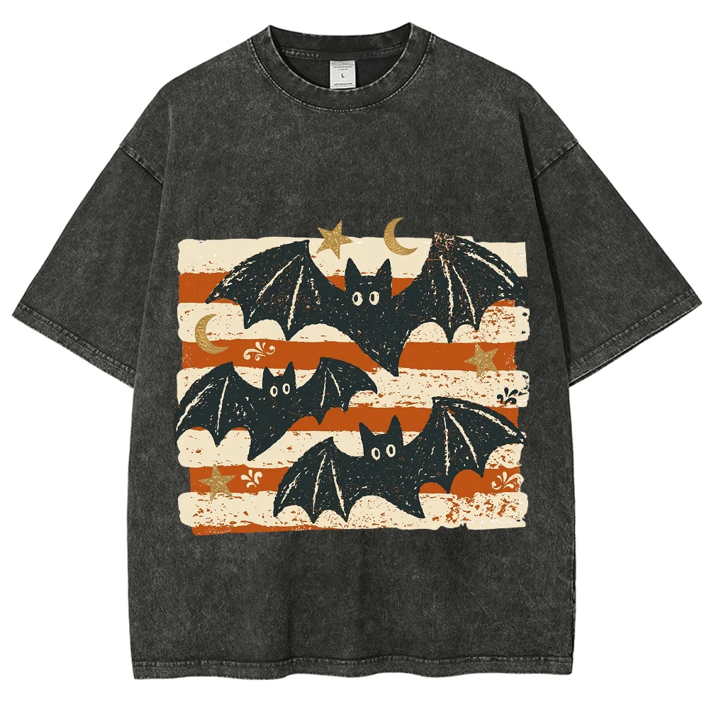 Vintage Halloween Bats T Shirt Unisex Oversized Washed Graphic Tees Spooky Retro Acid Wash Cotton Short Sleeve Tops