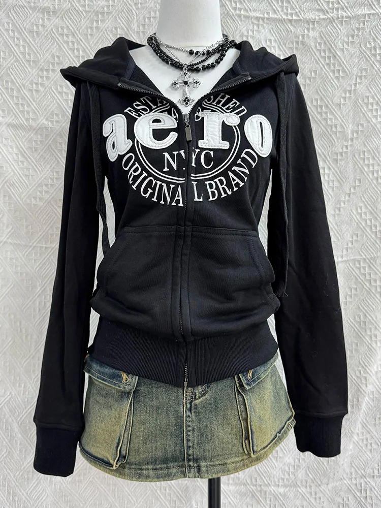 

Оригинальная американская ретро-толстовка с принтом, утепленная, женская, осенняя, модная, с капюшоном, на молнии, с длинными рукавами, из хлопка