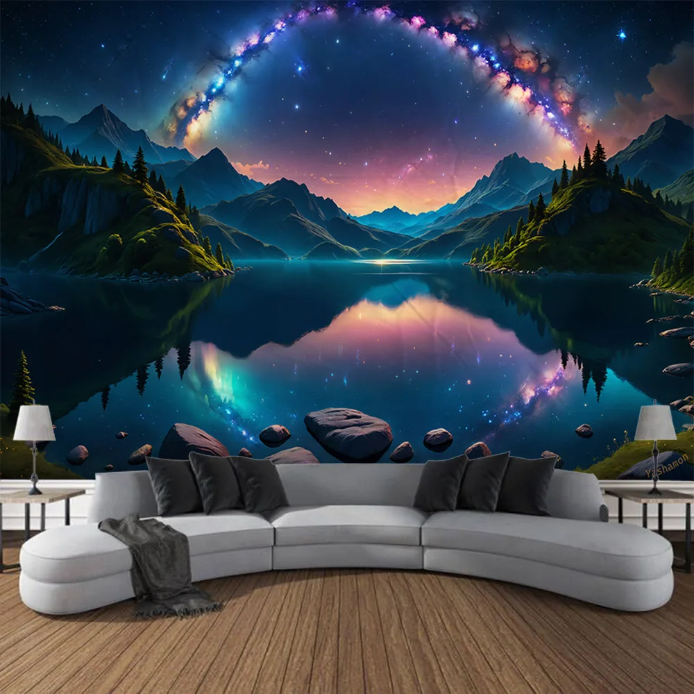 

Blue Galaxy Starry Sky Tapestry Wall Hanging Abstract Art Universe Forest Dormitory Living Room Home Decoration Background Cloth