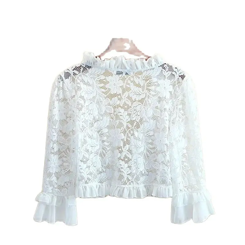 Bolero de renda para mulheres, manga comprida, cardigã chiffon, jaqueta de casamento puro, envoltórios de baile, senhoras elegantes