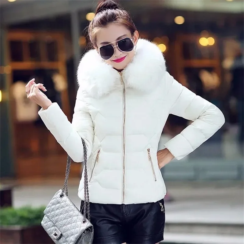 Autumn Winter Women\'s Cotton Jacket Short Section Large Fur Collar Hooded Warm Cotton Clothing Cotton Coat Ladies Cropped Coat