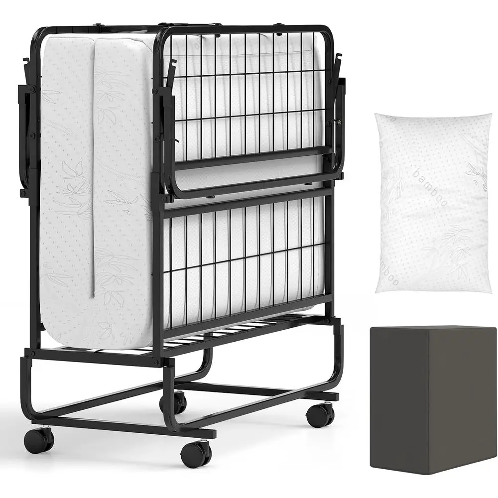 5 Inch Mattress Twin Size Folding Bed, Rollaway Bed with Pillow, Storage and Metal Frame, Space-Saving Adult Portable Beds, 75x3