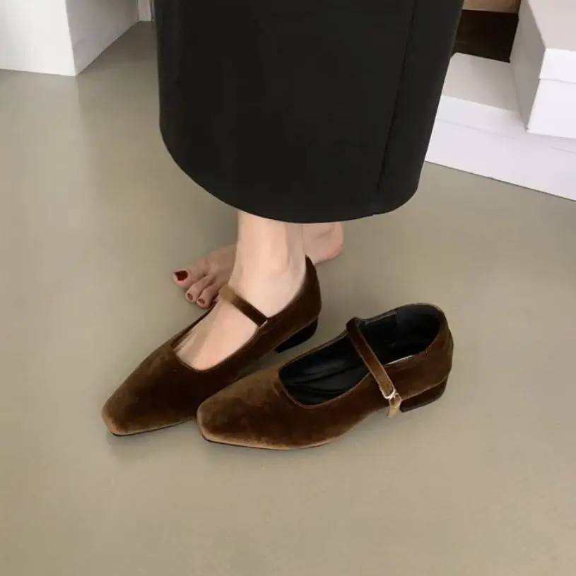 Bailamos Autumn New Women Velvet Flats Square Toe Shallow Buckle Ladies Elegant Sole Ballte Shoes Casual Loafers Shoes Muje