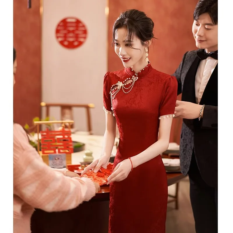 Chinese Style New Year Dresses Burgundy Qipao Women Evening Banquet Gown Elegant Hollow Out Cheongsam Jacquard Pretty Vestidos