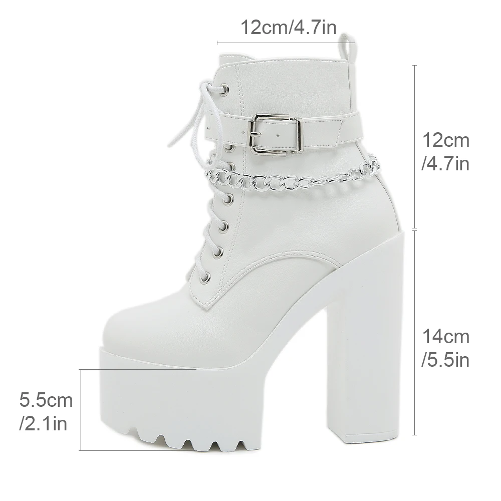 Gdgydh Women\'s Chain Decor Block Heeled Boots Fashion Lace Up Side Zipper Platform Boots Stylish Ankle Boots High Heels