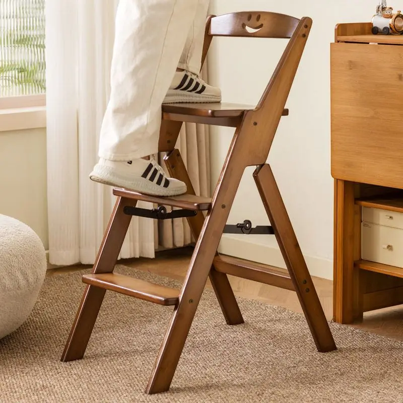 Folding Wooden 3 Step Stool 2 In 1 Smile Backrest Brown Solid Wood Step Ladder Chair For Home Kitchen Climbing