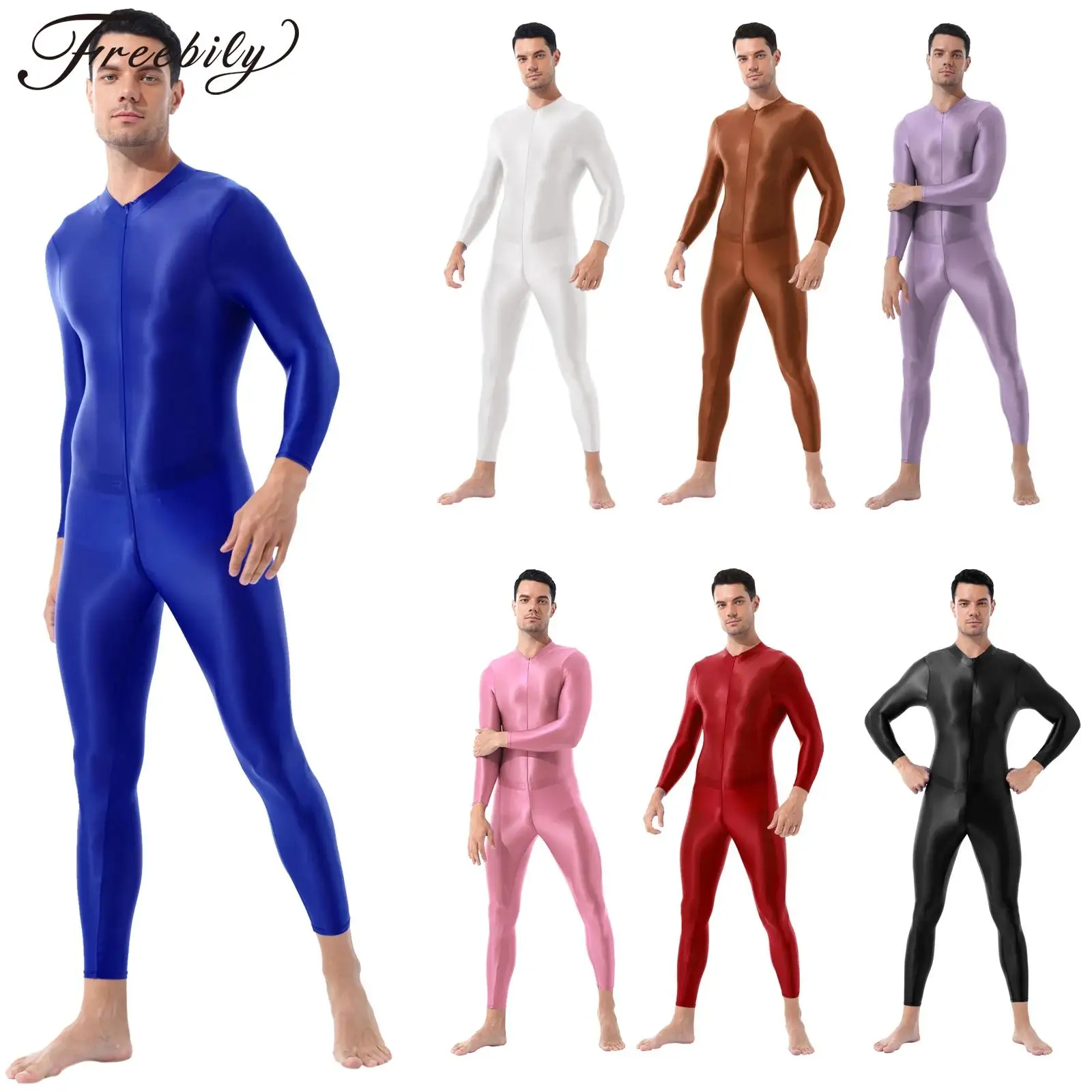 Mens Smooth Lingerie Bodysuit Clubwear Long Sleeves Zipper Leotard Club Costume Rave Party Workout Fitness Gymnastics Jumpsuit