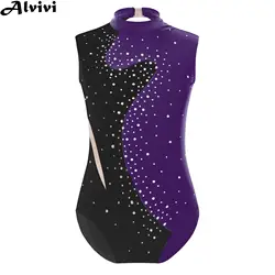 Girls Ballet Dance Leotard Figure Skating Rhythmic Gymnastics Acrobatics Performance Costume Sleeveless Rhinestone Mesh Bodysuit