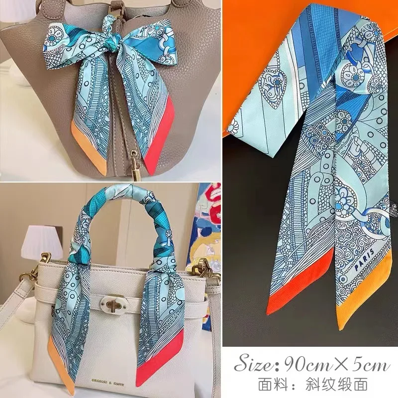 French Retro Print Tying and Wrapping Handle Ribbon Women's Imitation Silk Scarf Light Luxury Saddle Printed Streamer Decoration