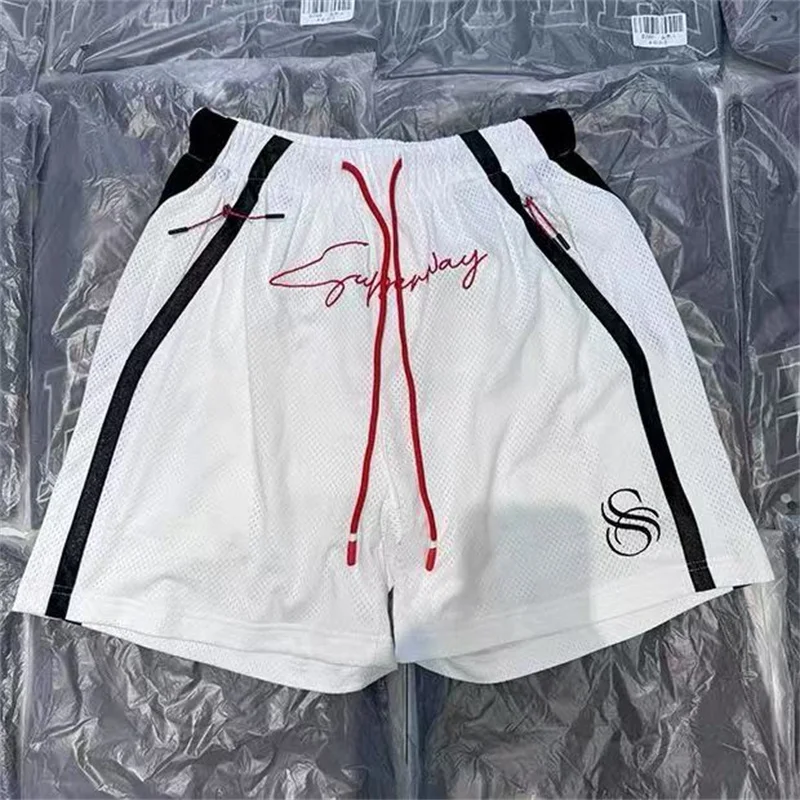 Best Quality Vintage Vintage Letters Embroidery Shorts Men Women Splicing Mesh Loose Lounge Pants Black White Green Shorts