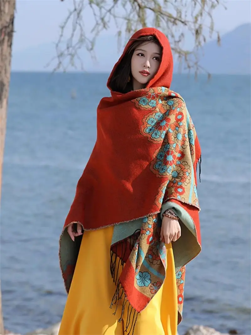 Ethnic Style Printed Tassel Hooded Cape Shawl For Women's Bat Sleeve Mid Length Irregular Loose Warm Travel Cloak Jacket z3095