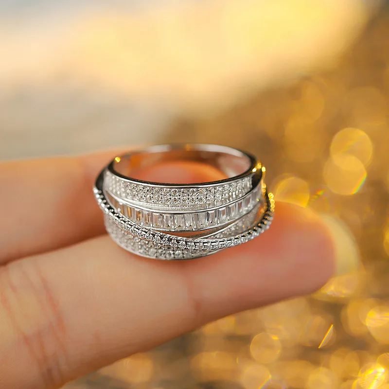 

Женское двухслойное кольцо из стерлингового серебра 925 пробы с волнистым узором и кубическим цирконием, повседневная одежда