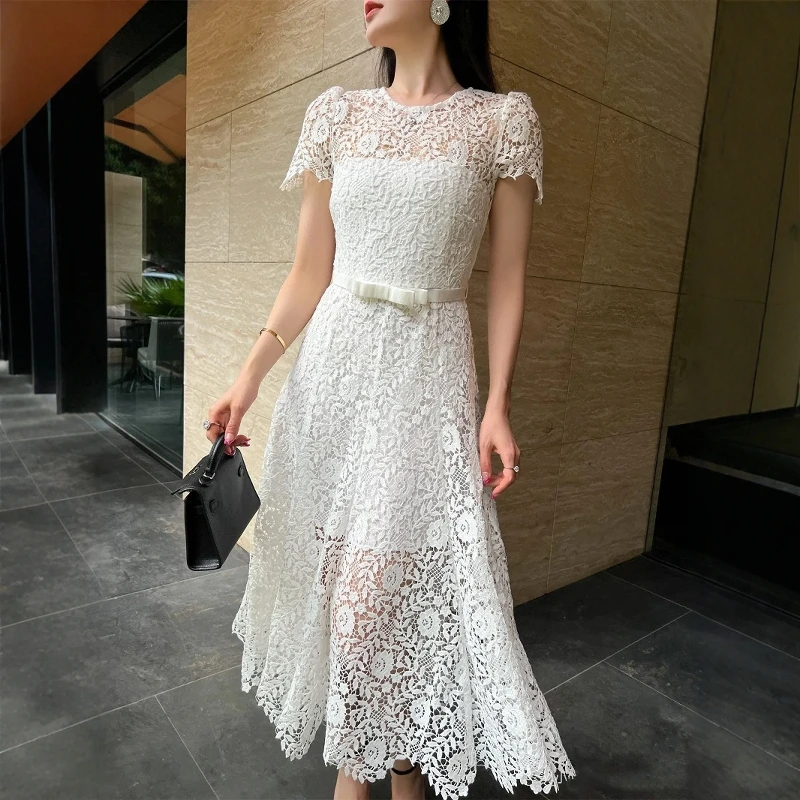 

Pure White round Neck Lace Splice Short Sleeve Dress Elegant A-Line Silhouette High Waist Commute Style Summer Long Dress