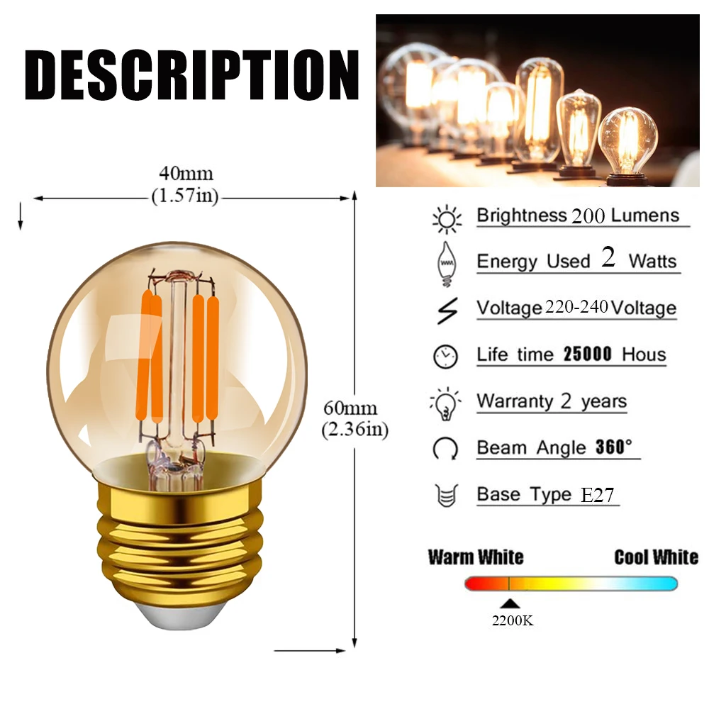 G40 LED Filament Mini Globe Light Bulb 1W 2W 3W Gold Warm White 2200K Amber Class 220V E27 Candelabra Bulb for Outdoor Living Ro