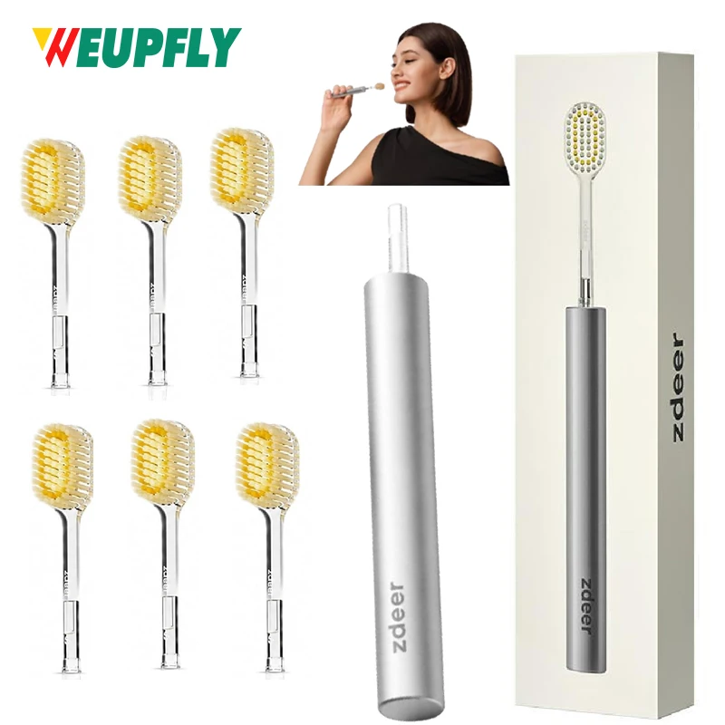 ZDEER Metal Handle Manual Toothbrush Set with 6 Soft Replaceable Heads, Sensitive Gum Friendly Reusable Premium Oral Care