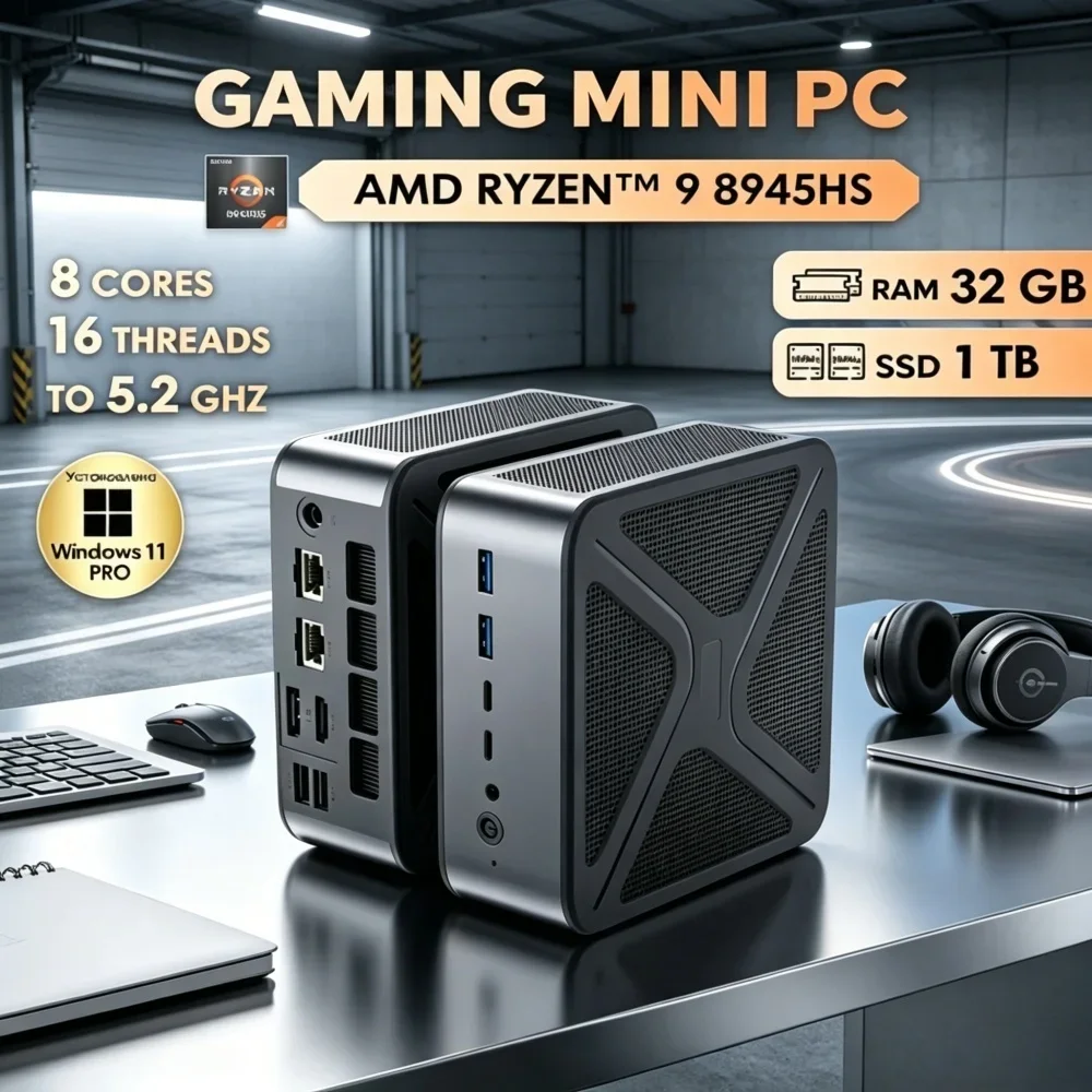 2*DDR5 Large Memory GH8 Mini PC Gaming Desktop Computer, AMD Ryzen 9 8945HS WIFI6 BT5.2 8K HDMI2.1 Dual M.2 NVME Win11 Pro