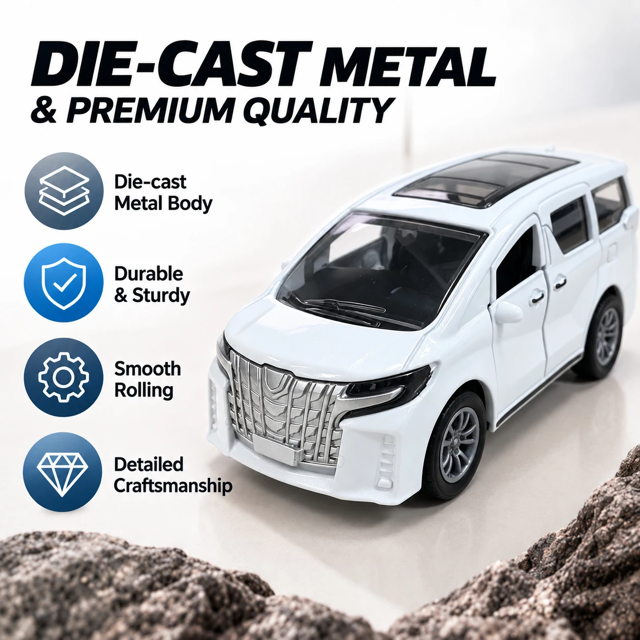 MQUDUO White Luxury Van Die Cast Model, Metal Pull Back Vehicle with Detailed Interior and Opening Doors, Holiday Display Gift
