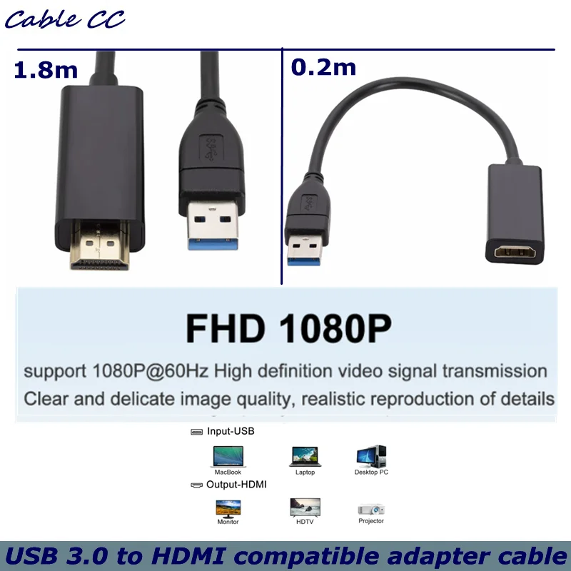 1.8m USB 3.0 to HDMI - compatible Male and Female High-Definition 1080P Display Conversion Cable, Built-in Driver Program